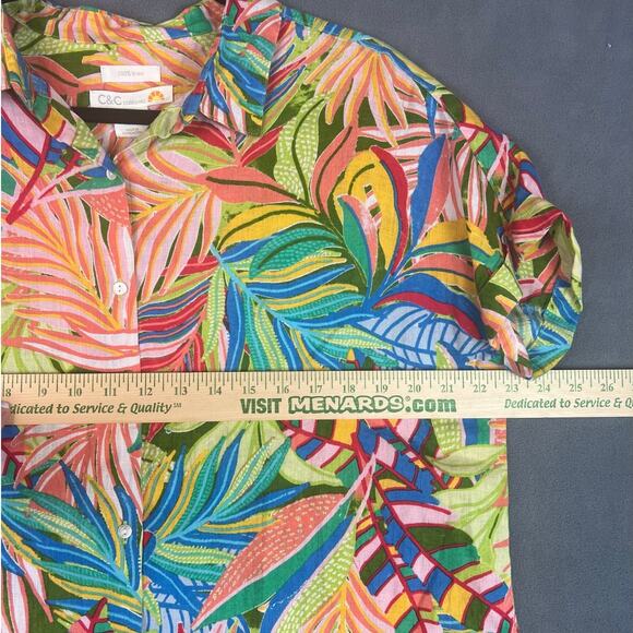 C&C California Top Womens Size L Linen Colorful Tropical Button Up Jungle Palms - Picture 5 of 8